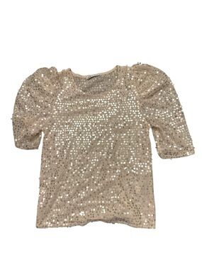 Zara Beige Sequin Puff-Sleeve Top